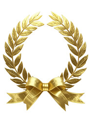Golden Laurel Wreath with Ribbon Bow on White Background.