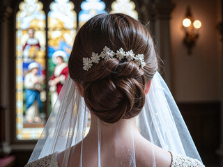 Back close-up of low bun with lace veil, church stained glass background,The lace low bun exudes sacred elegance, ideal for church weddings.