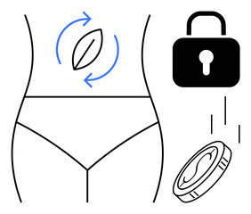 Outline of female waist, circular arrow with leaf, secure padlock, and falling coin. Ideal for health, sustainability, security, safe investment, eco-friendly living beauty or minimal visuals