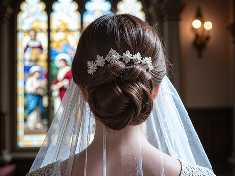 Back close-up of low bun with lace veil, church stained glass background,The lace low bun exudes sacred elegance, ideal for church weddings. - Powered by Adobe