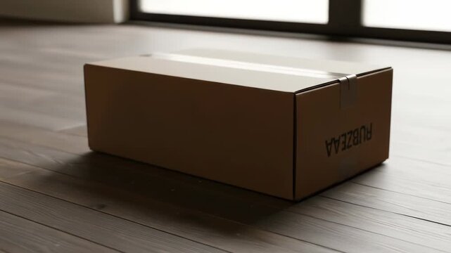 A closed, rectangular cardboard box sits on a wooden floor, lit by soft natural light
