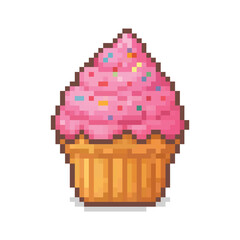 Pixel Art Pink Cupcake with Sprinkles Icon Vector Illustration