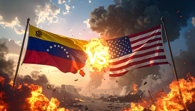 USA versus Venezuela flags clashing amidst fire and smoke, symbolizing conflict and international tension, suitable for news, politics, or global events visuals
