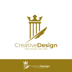 royal pillar logo with crown and feathers in gold color flat design style