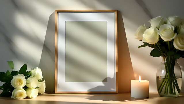 Frame , roses,candles ina room