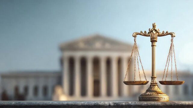 Golden scales of justice, blurred courthouse background