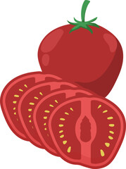 Whole and Sliced Red Tomato Vector Illustration. Fresh, Ripe Vegetable with Seeds for Cooking and Healthy Eating.