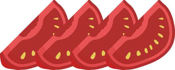 Four fresh red tomato slices illustration on white background, healthy ingredient for cooking and salads