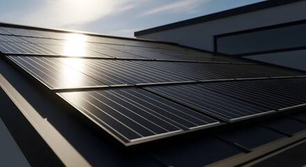 Close-Up of Sleek Black Solar Panels Installed on Modern Rooftop for Clean Energy Production, Emphasizing Sustainable Living and Renewable Power Solutions