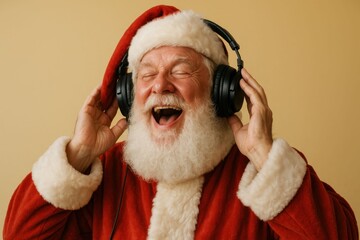 Santa Claus Enjoys Christmas Music with Headphones, Spreading Holiday Cheer.