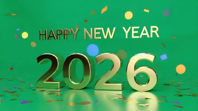 Golden happy new year message with confetti and year of two thousand twenty six on green background video
