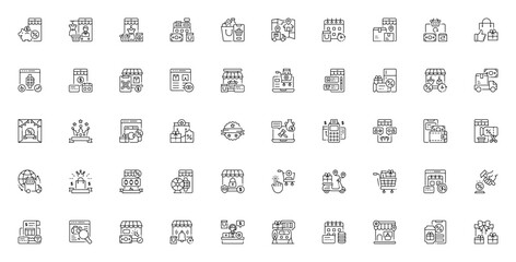 Online Shopping icon set. Vector illustration pack. ncludes symbols for Save mney, Delivery, Discount, Cupon, Shopping cart, Paymet, Online store, Refund, Sarch and more. Editable stoke.