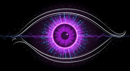 Digital eye with glowing purple iris and electric energy effects