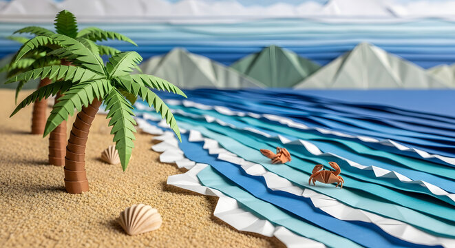 Paper craft beach scene with palm trees origami crabs and layered ocean waves - Powered by Adobe