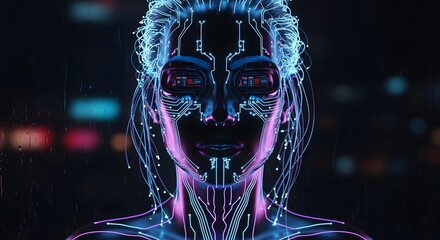 Digital human with glowing circuitry and neon lighting on face and neck