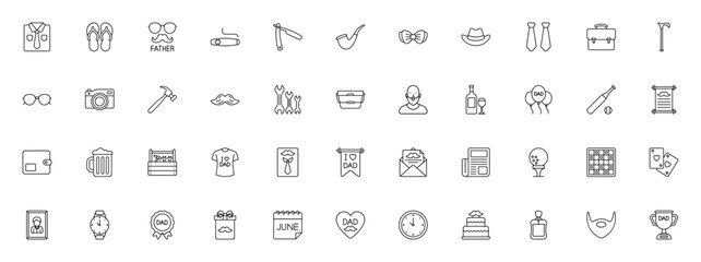 Fathers Day icon set. Vector illustration pack. Incldes symbols for gift, tie,watch, beer, cigar, tools,card, heart, golf and more Editable stroke.