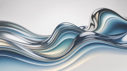 A dynamic abstract image depicting flowing waves of metallic liquid. The surface reflects light with iridescent blues, silvers, and subtle golden hues, creating a sense of movement and depth.Abstract 