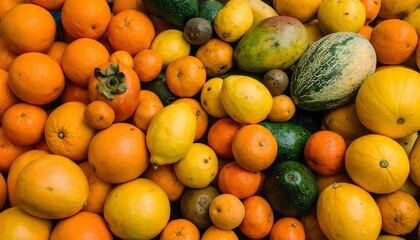 Vibrant mix of orange, yellow, and green fruits flat lay background. Fresh organic harvest of oranges, lemons, melons, and avocados for healthy summer diet.