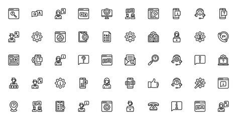 Tech Support icon set. Minimal line vector icons pac. Includes symbols for cusomer service, FAQ, chat, sttings, translation, suppot and more. Editable strok.