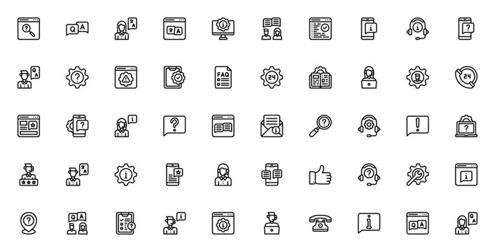 Tech Support icon set. Minimal line vector icons pac. Includes symbols for cusomer service, FAQ, chat, sttings, translation, suppot and more. Editable strok.