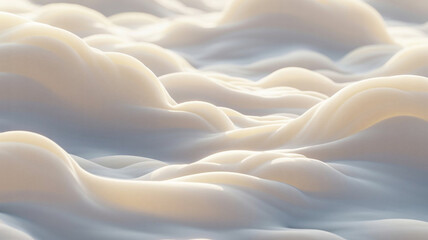 A close-up, abstract view of soft, undulating forms resembling clouds or gentle waves. The color palette features delicate pastel shades of cream, pale yellow, and light blue.