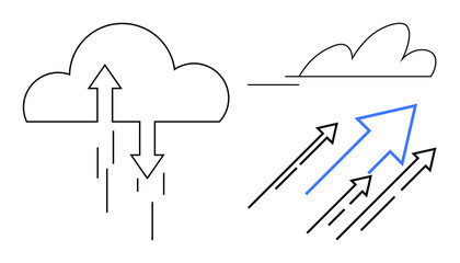Clouds with upward and downward arrows portray atmospheric cycles, while dynamic arrows highlight air movement, elevation, and upward trends. Ideal for meteorology, climate, energy flow, dynamics