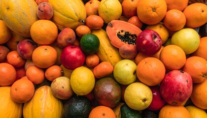 Colorful tropical fruit background flat lay. Vibrant mix of papaya, melon, orange, lemon, apple, and avocado for healthy summer diet concepts.