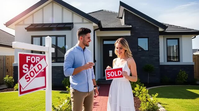 Joyful couple stands proudly with a 'SOLD' sign in hand, celebrating the successful purchase of their beautiful modern house and a new chapter in their lives