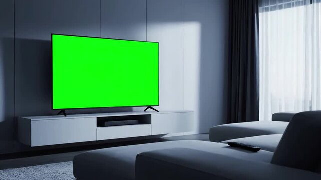 Remote Control on Sofa with man watching television in living room evening young guy sitting against tv chroma green screen back view male person switching channels using controller distortion