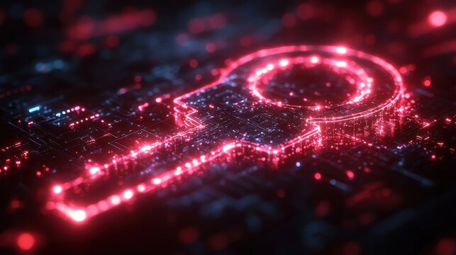 Abstract digital rendering of a key-shaped design outlined in glowing red on a circuit board