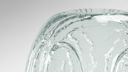 Close up abstract view of clear liquid with swirling patterns. An abstract, close-up view of clear liquid, showcasing intricate swirling patterns and textures. The light reflects off the 