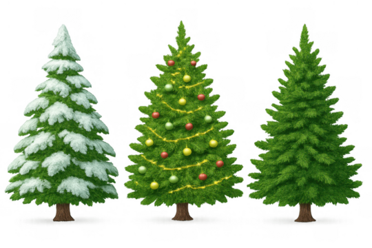 Christmas trees set including an evergreen snow-covered fir, a decorated tree with baubles, and a plain spruce, all on transparent background