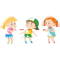 Three happy diverse children playing tug of war outdoors on a sunny day wearing colorful summer clothes with a white background.