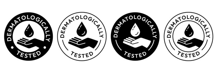 Set dermatologically tested vector label with water drop, leaf and hand logo. Dermatology test and dermatologist clinically proven icon for allergy free and healthy safe product package tag.