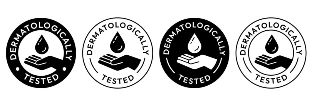 Set dermatologically tested vector label with water drop, leaf and hand logo. Dermatology test and dermatologist clinically proven icon for allergy free and healthy safe product package tag.