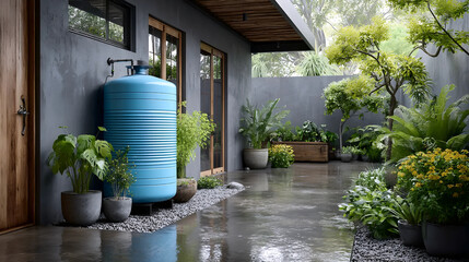 Modern Rainwater Harvesting System, Eco-Friendly Garden with Water Tank, Sustainable Home Design