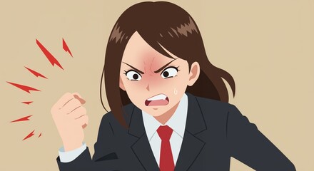 Furious Businesswoman: An animated businesswoman, her face etched with frustration and anger, clenching her fist in a gesture of fury against a backdrop that reflects her volatile emotions.
