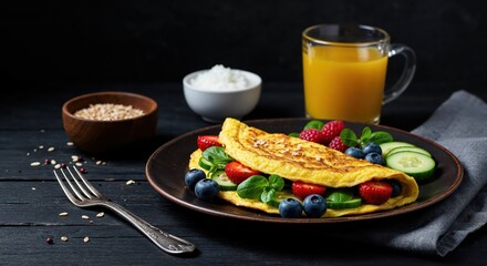 Culinary Delight: An omelet with vibrant filling on a plate alongside fresh ingredients, and a glass of juice. A visual feast for those seeking fresh meal inspiration.