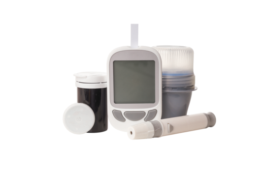 Diabetes management tools: meter, strips, lancing device, PNG - Powered by Adobe