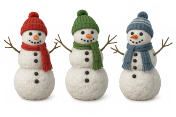 Three snowmen standing in a row, wearing colorful knit hats and scarves, ready for christmas and winter season celebrations