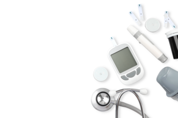 Diabetes tools arranged on a white surface, isolated, PNG