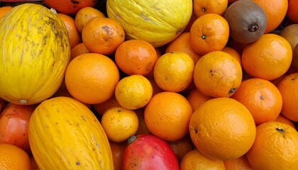 Vibrant orange and yellow fruit background with melons and oranges. Fresh organic harvest heap perfect for healthy food, market, and summer concepts.