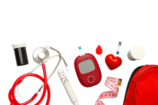 Diabetes tools: glucometer, stethoscope, blood samples, isolated, PNG
