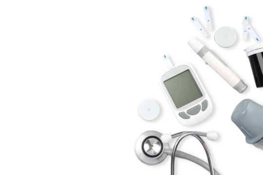 Diabetes tools arranged on a white surface, isolated, PNG