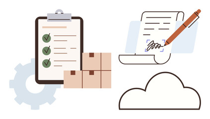 Clipboard with checklist, shipping boxes, signed document, and cloud symbol. Ideal for logistics, inventory, task management, e-signature cloud services workflow organization. Simple flat metaphor