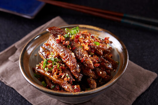 Close-up of a side dish, spicy dried fish