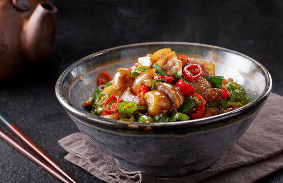 Closeup of a side dish, spicy stir-fried pig's trotters