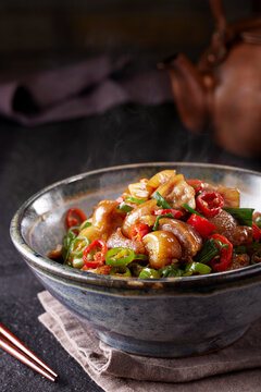 Closeup of a side dish, spicy stir-fried pig's trotters