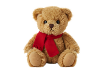 Cute brown teddy bear with a red scarf sitting on a white background.