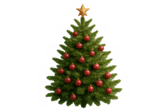 Christmas tree decorating celebrations with festive red baubles and a golden star on top, transparent background